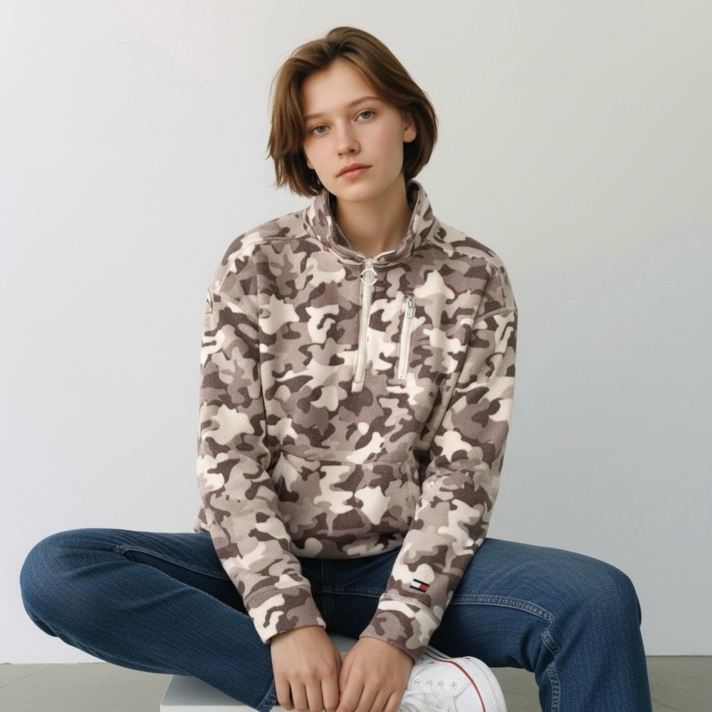 TOMMY HILFIGER Camo knit Sweatshirt Fleece Flunnel Neck Long Sleeve Zip